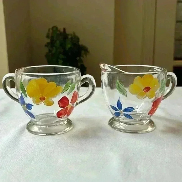 Bartlett Sugar & Creamer Set Hand Painted 1950's Clear Glass W/ Painted Flowers - Picture 1 of 10